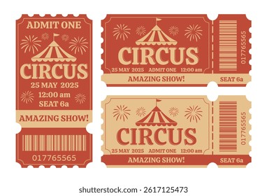 Circus tickets. Vector flat templates vertical tickets in vintage style, simple style, red beige color palette