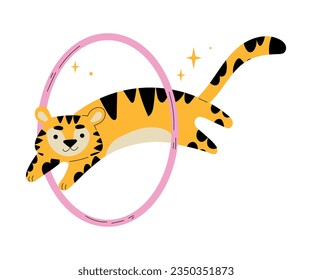 Circus Tiger Animal Jumping Through Hula Hoop Vector Illustration