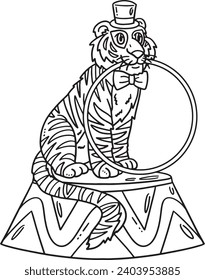 Circus Tiger Biting a Hula Hoop Isolated Coloring 