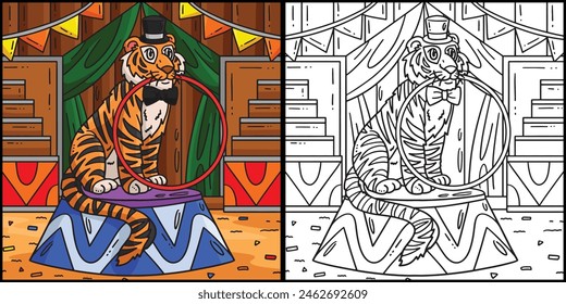 Circus Tiger Biting Hula Hoop Colored Illustration