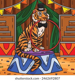 Circus Tiger Biting a Hula Hoop Colored Cartoon 