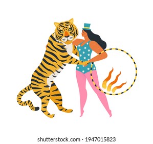 The circus tiger dancing with the woman holding a fiery ring. Enjoy the show. Illustration on white background.