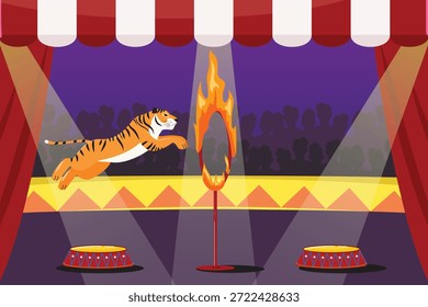 Tigre del circo que salta a través del anillo ardiente bajo el dosel rayado de la tienda, actuación brillante del escenario del reflector con las siluetas de la audiencia