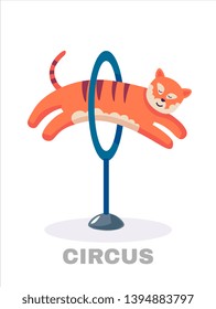 Circus Tiger Jumping Through Flaming Hoop. Vector Illustration. Isolated On White Background. Cartoon And Flat