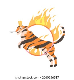 Circus Tiger Jumping Through Flaming Hoop Cartoon Vector Illustration On White Background