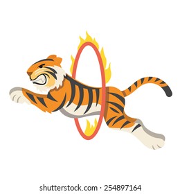 Circus Tiger Jumping Through Flaming Hoop. Vector Illustration. Isolated On White Background.