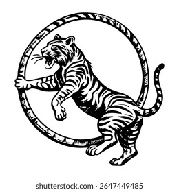 Tigre de circo saltando a través del anillo, ilustración vintage