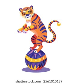 Circus tiger performing with a ball illustration in flat style 

