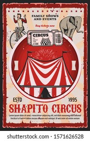 Carpa superior de circo con diseño vectorial de acróbata y animal entrenado en el carnaval. Márquez de Chapiteau con banderas, balanceo de elefantes en baloncesto y hombre en bicicleta de cosecha, boletos retro y fuegos artificiales