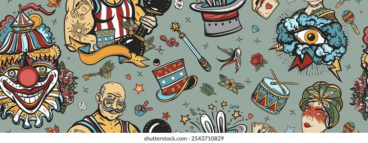 Circus. Traditional tattooing background. Clown, strong man with dumbbells, fortune teller woman, magic trick, rabbit in a magician hat. Old school tattoo seamless pattern