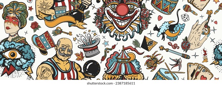 Circus. Traditional tattooing background. Old school tattoo seamless pattern. Clown, strong man with dumbbells, fortune teller woman, magic trick, rabbit in a magician hat