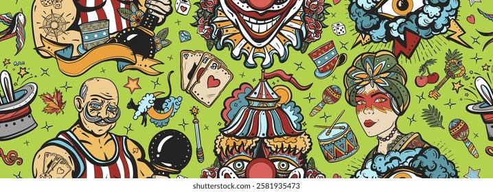 Circus. Traditional tattooing background. Old school tattoo seamless pattern. Clown, strong man with dumbbells, fortune teller woman, magic trick, rabbit in a magician hat