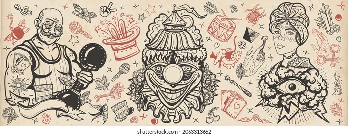 Circus. Traditional tattooing style set. Clown, strong man with dumbbells, fortune teller woman, magic trick, rabbit in a magician hat. Old school tattoo vector collection 