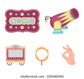 Circus trailer, circus gun, burning hoop, signboard.Circus set collection icons in cartoon style vector symbol stock illustration web.