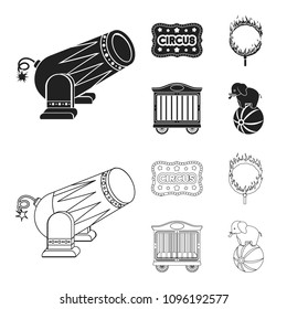 Circus trailer, circus gun, burning hoop, signboard.Circus set collection icons in black,outline style vector symbol stock illustration web.