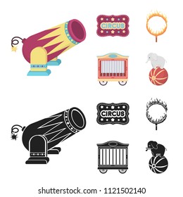 Circus trailer, circus gun, burning hoop, signboard.Circus set collection icons in cartoon,black style vector symbol stock illustration web.