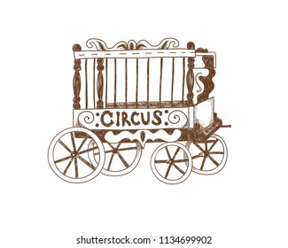 Circus trailer. Vector monochrome illustration on white isolated background