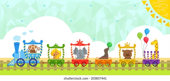 Circus Train With Background - Cute circus train with baby animals and a decorative background. Eps10