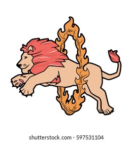 Circus trained wild animals performance isolated on white. lion jumps over the ring in the fire.