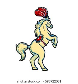 Circus trained wild animals performance isolated on white. horse stands on hind legs. Retro vintage style
