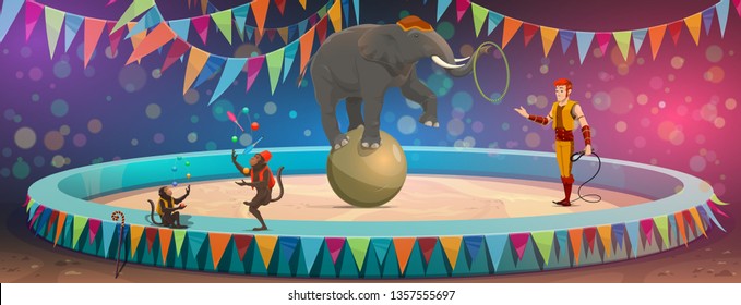 Animales silvestres entrenados en circo muestran actuación en la arena. Tamer de animales y elefante de los grandes circos vectoriales balanceándose en pelota con aro, monos con trajes de payaso haciendo malabares con bolas y pines