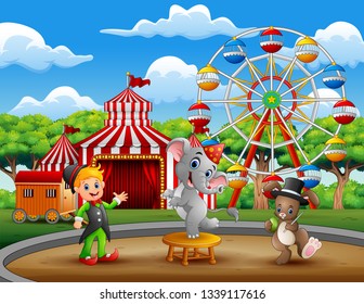 Circus trainer performance with elephant and rabbit