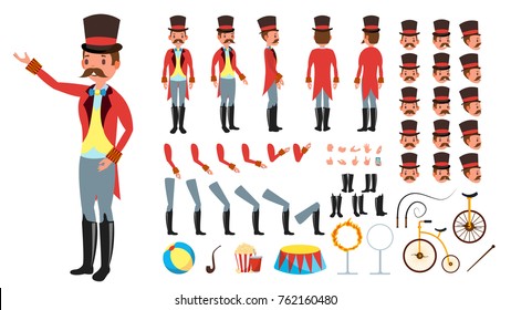 Circus Trainer Vector. Animated Character Creation Set. Full Length, Front, Side, Back View, Accessories, Poses, Face Emotions, Hairstyle, Gestures. Isolated Flat Cartoon Illustration