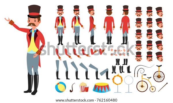 Circus Trainer Vector. Animated Character\
Creation Set. Full Length, Front, Side, Back View, Accessories,\
Poses, Face Emotions, Hairstyle, Gestures. Isolated Flat Cartoon\
Illustration