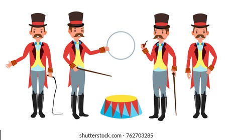 Circus Trainer Vector. Whip In His Hand. Classic Black Hat. Retro Flat Cartoon Illustration