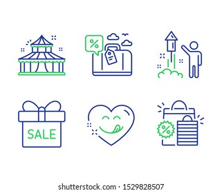 Circus, Travel loan and Sale offer line icons set. Fireworks, Yummy smile and Shopping bags signs. Attraction park, Trip discount, Gift box. Party pyrotechnic. Holidays set. Vector