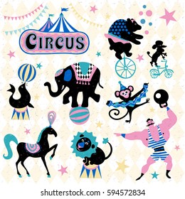 Colección de iconos de dibujos retro en circo. Carpa del logotipo del circo, rendimiento de animales salvajes entrenados ilustraciones vectoriales aisladas