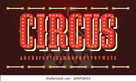 Circus typography have solid red fonts and alphabet with Red background. vinatge minimal retro antique modern trend urban classic. Vector illustration.