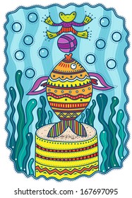 Circus under water. Fish is on the tail of the drum and holds the ball with a frog among the seaweed.