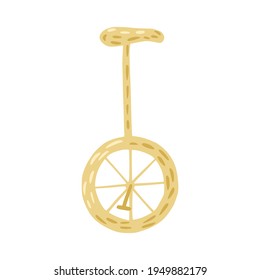 Circus Unicycle Isolated On White Background. Training Instrument For Ride. Yellow Carnival Equipment For Shows. Design Vector Illustration.