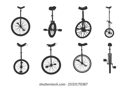 Circus unicycle silhouette, Unicycle silhouette, Riding unicycle vectors.