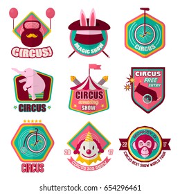 Circus vector flat icons set of clown, magic hat and animals