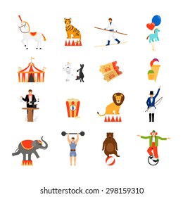 Circus vector flat icons. Striped tent and tickets, magician and clown