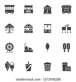 Circus vector icons set, modern solid symbol collection filled style pictogram pack. Signs logo illustration. Set includes icons as circus tent, game arcade, ice cream, carousel, ferris wheel, popcorn