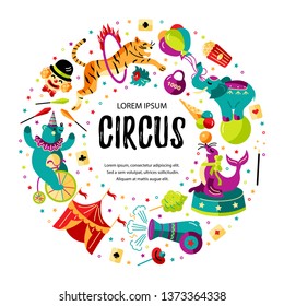 Circus. Vector illustration with animals, clowns and magicians. Template for circus show, party invitation, poster,  kids birthday. Flat style.