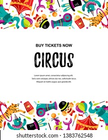 Circus. Vector illustration with animals, clowns and magicians. Template for circus show, party invitation, poster, kids birthday. Flat style.