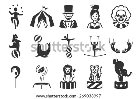 Circus vector illustration icon set. Included the icons as ring master, dancing bear, acrobatics, clown, juggling, show and more.