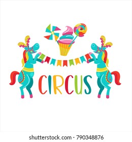Circus. Vector illustration. Isolated on a white background. Two trained horses with feathers on their heads holding a garland of flags.  
