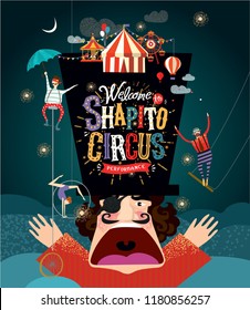 Circus! Vector illustration on a poster or banner for a circus show with acrobats, magicians and clowns. Welcome to the performance!