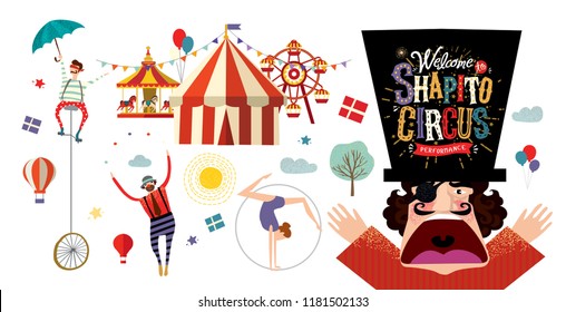 Circus! Vector illustration on a poster or banner for a circus show with acrobats, magicians and clowns, isolated objects and elements Welcome to the performance!