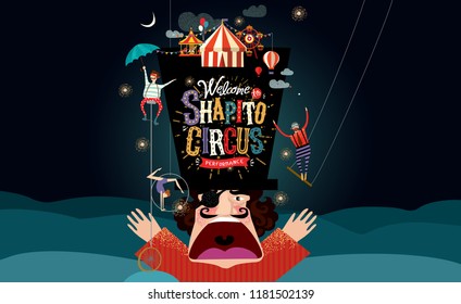 Circus! Vector illustration on a poster or banner for a circus show with acrobats, magicians and clowns. Welcome to the performance!