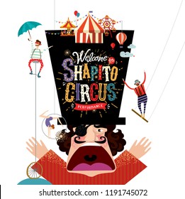 Circus! Vector illustration on a poster or banner for a circus show with acrobats, magicians and clowns, isolated objects and elements Welcome to the performance!