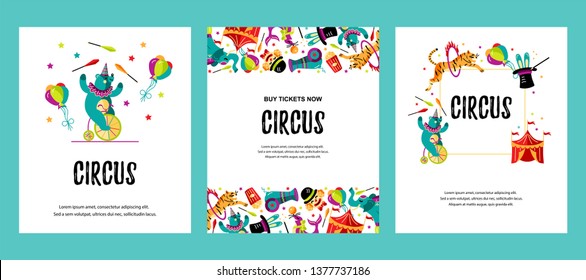 Circus. Vector illustration set with animals, clowns and magicians. Template for circus show, party invitation, poster, kids birthday. Flat style.