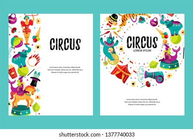 Circus. Vector illustration set with animals, clowns and magicians. Template for circus show, party invitation, poster, kids birthday. Flat style.