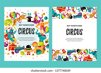 Circus. Vector illustration set with animals, clowns and magicians. Template for circus show, party invitation, poster, kids birthday. Flat style.
