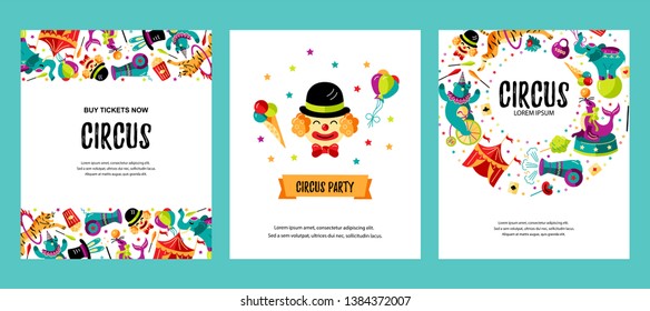 Circus. Vector illustration set with clown, animals, circus tent and magicians. Template for circus show, party invitation, poster, kids birthday, flyer. Flat style.